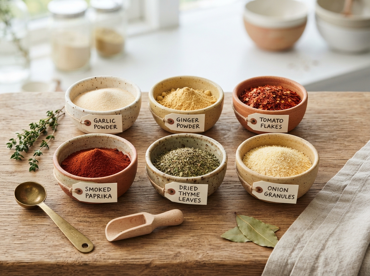 Assorted dehydrated spice and vegetable powders